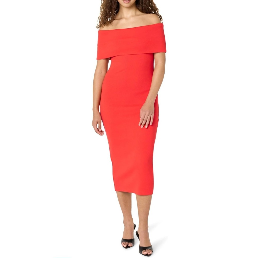 The‎ Drop Lora Off-the-Shoulder Ribbed Midi Dress Flame Red Womens Medium NWT